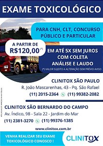 Exame Toxicológico - Sao Paulo-SP - CLINITOX MEDICINA DIAGNOSTICA-SÃO PAULO (C.N.H, Empregado CLT, Concurso Público)