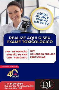 Exame Toxicológico - Campos Altos-MG - LAB.DOMINGOS JUNIOR-CAMPOS ALTOS/MG (C.N.H, Empregado CLT, Concurso Público)