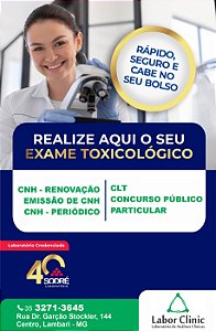 Exame Toxicológico - Lambari-MG - LAB.LABOR CLINIC-LAMBARI/MG (C.N.H, Empregado CLT, Concurso Público)