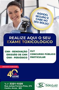 Exame Toxicológico - Arcos-MG - LAB.SAO LUIZ-ARCOS/MG (C.N.H, Empregado CLT, Concurso Público)