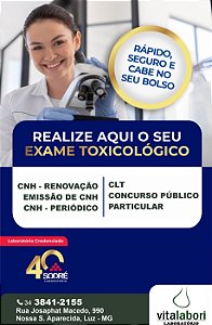 Exame Toxicológico - Luz-MG - LAB.VITALABORI - LUZ/MG (C.N.H, Empregado CLT, Concurso Público)