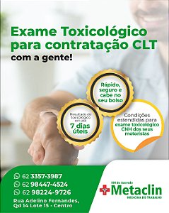 Exame Toxicológico - Uruacu-GO - METACLIN - MEDICINA DO TRABALHO-URUAÇU/GO (C.N.H, Empregado CLT, Concurso Público)