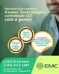Exame Toxicológico - Araguaina-TO - LAB.MEDCLINIC ENGEMED- ARAGUAINA/TO (C.N.H, Empregado CLT, Concurso Público)