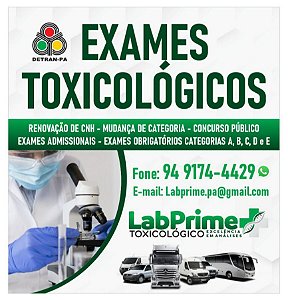 Exame Toxicológico - Parauapebas-PA - LABPRIME TOXICOLOGICO-PARAUAPEBAS/PA (C.N.H, Empregado CLT, Concurso Público)