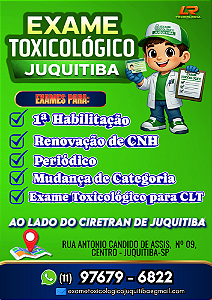 Exame Toxicológico - Juquitiba-SP - EXAMES TOXICOLOGICOS JUQUITIBA-JUQUITIBA/SP (C.N.H, Empregado CLT, Concurso Público)