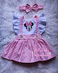 Jardineira Romper- Vestido Minnie Rosa