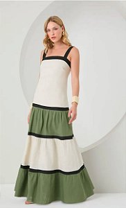 Vestido longo bege verde e preto