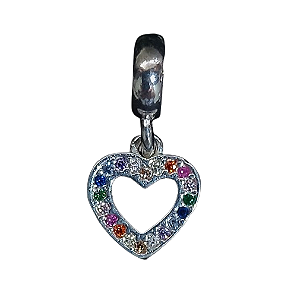 Pingente Berloque Coração Vazado em Prata 925 e Zircônias Coloridas