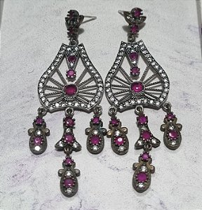 Brinco Turco Prata 925 e Bronze Longo Zircônias Pink e Cristal