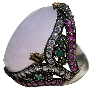 Anel Turco Prata 925 e Bronze Cravejado de Zircônias Verde e Pink e Rosa No. 22