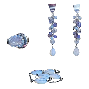 Conjunto Brincos, Anel e Pulseira de Prata 925 e Opalina