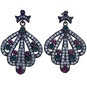 Brinco Turco Prata 925 e Bronze Pavão Verde Rubi e Cristal