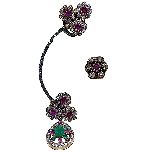 Brinco Turco Assimétrico Gota Pink Verde e Cristal Prata 925 e Bronze