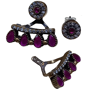 Brinco Turco Prata 925 e Bronze Pink e Cristal Círculo e Pêndulo