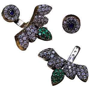 Brinco Turco Prata 925 e Bronze Pêndulo Azul Verde e Cristal