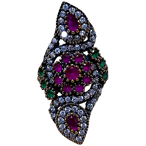 Máxi Anel Turco de Prata 925 e Bronze Flor Pink Verde e Cristal