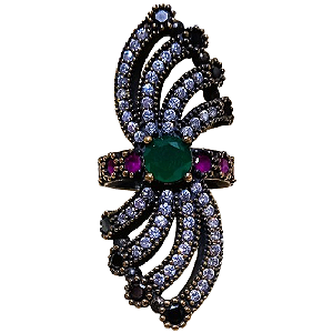 Anel Turco Máxi Verde Cristal Rubi e Azul Marinho No. 14