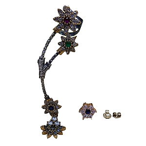 Brinco Turco Assimétrico Flores Pêndulo Azul Cristal