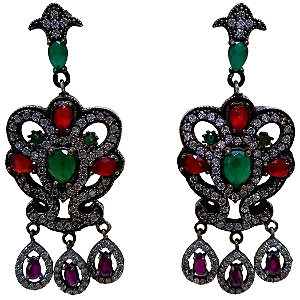 Máxi Brinco Turco Prata 925 e Bronze Verde Pink Rubi e Cristal