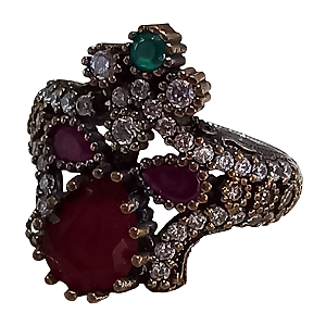 Anel Turco Prata Turca Majestade Rubi Verde Pink e Cristal No. 23