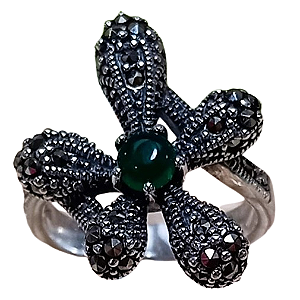 Anel Flor de Prata 925 com Agata Verde e Marcassitas No. 17/18