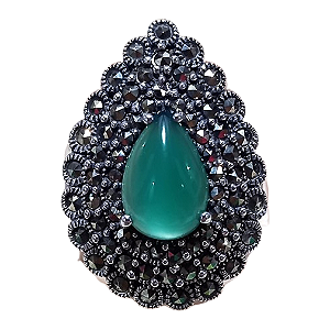 Anel de Prata 925 com Agata Verde e Marcassita No.18/19