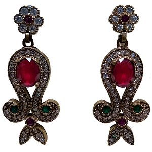 Brinco Turco Prata 925 e Bronze Princesa Rubi Verde Cristal