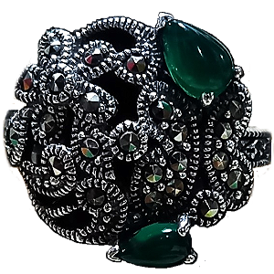 Anel de Prata 925 com Marcassitas e Ágata Verde No.18