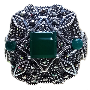 Anel de Prata 925 com Marcassitas e Pedra Ágata Verde Dinastia No.17/18