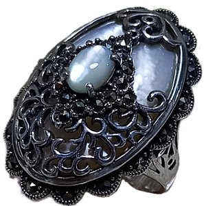 Anel de Prata 925 Arabescos com Madrepérola e Marcassitas No. 19/20