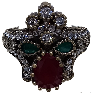 Anel Turco Prata Turca Majestade Rubi Verde e Cristal No. 22