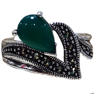 Anel de Prata 925 com Marcassitas e Pedra Ágata Verde No.16