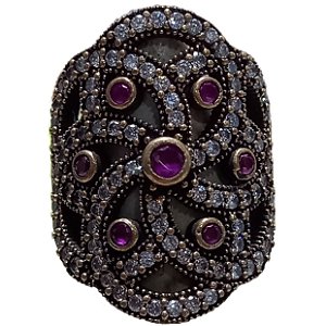 Anel Turco de Prata 925 e Bronze Mandala Rubi e Cristal