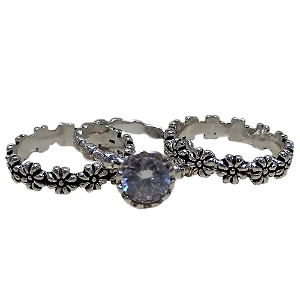 Trio de Anéis de Prata 925 Flores e Solitário