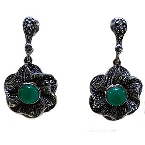 Brinco Flor de Prata 925 com Marcassitas e Pedra Ágata Verde 10g