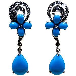 Brinco De Prata 925 Com Turquesa E Marcassitas Flor E Gota