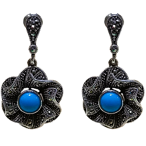 Brinco Flor De Prata 925 Com Marcassitas E Pedra Turquesa