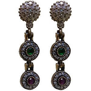 Brinco Turco Prata 925 e Bronze Longo Verde Rubi e Cristal