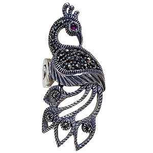 Anel Pavão de Prata 925 Marcassitas e Rubi No.19/20