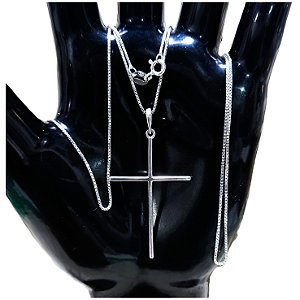 Colar de Prata 925 Cruz Palito Corrente Veneziana 60 cm