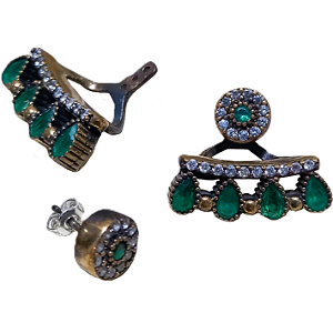 Brinco Turco Prata 925 e Bronze Pêndulo Verde e Cristal