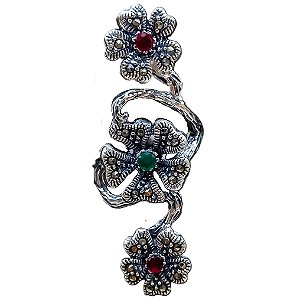 Máxi Anel Flores de Prata 925 Marcassitas Rubi Esmeralda No. 21/22