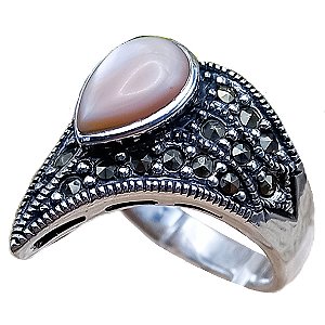 Anel de Prata 925 Gota Madrepérola Rosa e Marcassitas No.14/15