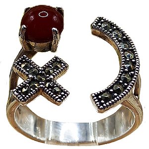 Anel de Prata 925 X Ágata Vermelha e Marcassitas No. 16