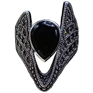 Anel de Prata 925 Gota de Onix e Marcassitas No. 15