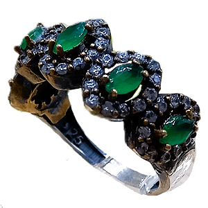 Anel Meia Aliança Turca de Prata 925 e Bronze Verde e Cristal
