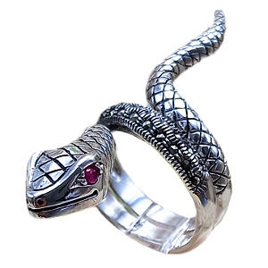 Máxi Anel Cobra Serpente de Prata 925 Marcassitas e Rubi