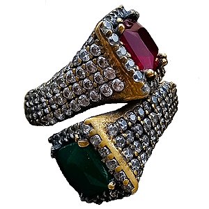 Anel Turco de Prata 925 e Bronze Quadrados Verde e Rubi No. 18