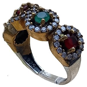 Anel Turco de Prata 925 e Bronze Círculos Verde Rubi e Cristal 19/20