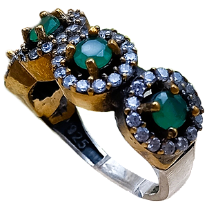 Anel Turco de Prata 925 e Bronze Círculos Verde e Cristal